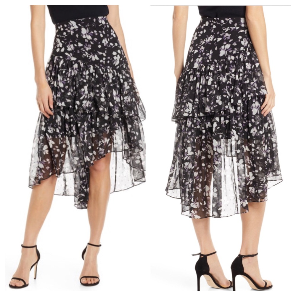 ELIZA J ruffle Asymmetrical Chiffon Skirt In Black - Picture 1 of 8
